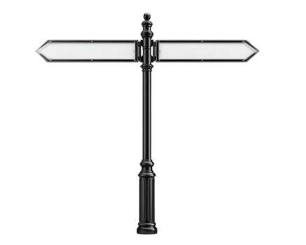 Blank metal street sign on black pole isolated on transparency background empty direction arrow urban object guidance navigation copy space simple design no text outdoor signage png