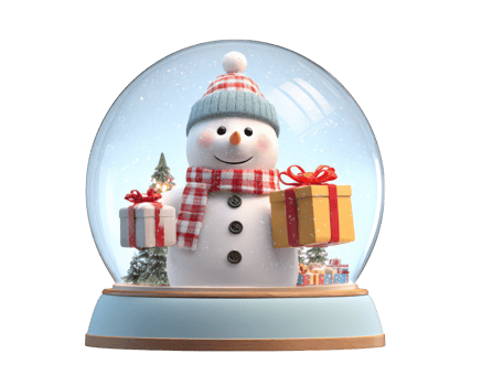 Snowman snow globe present winter holiday Christmas festive gift decoration cheerful snowy scene pine tree red scarf blue hat white joyful seasonal celebration ornament cute happy cold glass round png