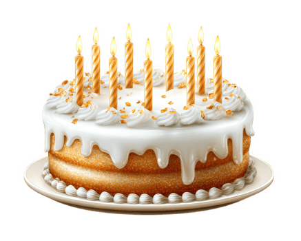 Birthday cake with white icing, golden sprinkles, and ten lit candles on plate, festive and joyful celebration atmosphere, paper cut style illustration png