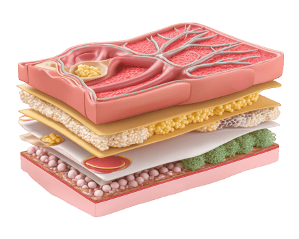 Layered skin cross section showing arterioles, venules, fat, connective tissue, and epidermis in detailed medical illustration for educational and scientific use png