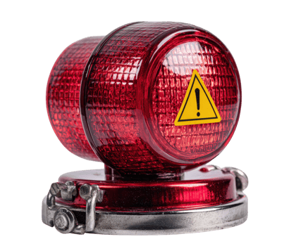 Red emergency warning light with yellow caution sign, isolated on transparency background, industrial safety equipment, alert signal, urgent attention, metallic base, close up png