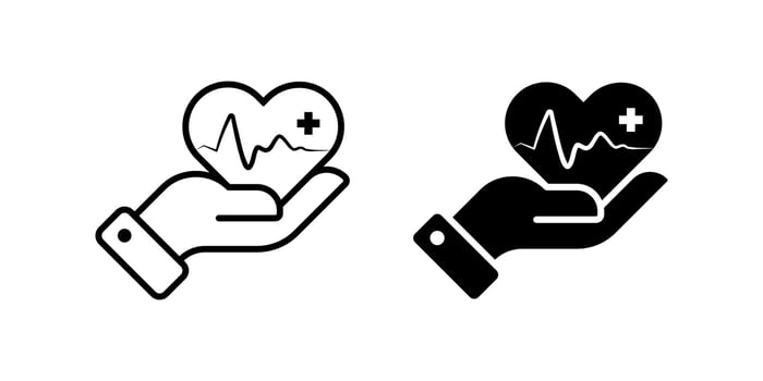 Medical Insurance icon set. Simple line art illustration of a hand holding a heart shape with a pulse line and plus sign, symbolizing healthcare, and medical support. vector