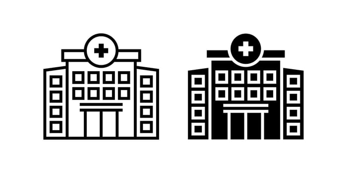 Hospital Building icon set. A minimalist illustration of a hospital building in both outline and glyph styles. Perfect for medical, healthcare, or architectural design projects. vector