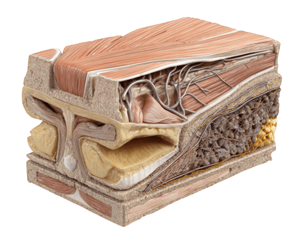 Cross section muscle skin fat and connective tissue anatomy showing dermis epidermis nerves blood vessels and subcutaneous layer in detailed medical illustration png