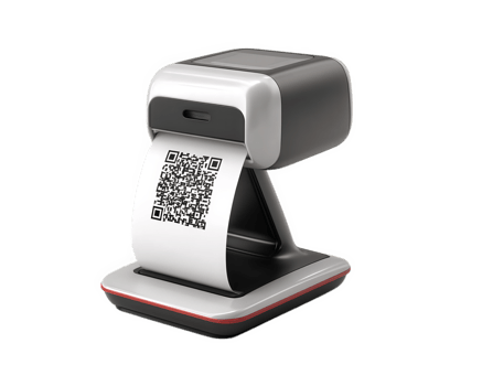 Barcode scanner receipt printer QR code electronic device isolated transparency background modern technology compact office equipment. This compact barcode scanner and receipt printer features QR png