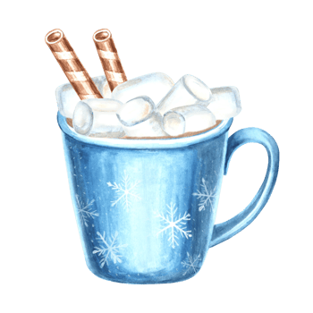 Cocoa drink with marshmallow and wafer rolls in blue mug, watercolor illustration for food or menu design. Hand drawn isolated cup of hot chocolate. Sweet warm childrens drink for cozy winter holiday. png