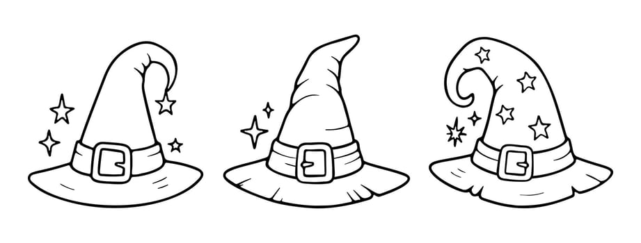Witch hat outline icon set line art, black and white doodle style. Ideal for logo, tattoo, app, coloring book, web design, infographics, banner, poster vector