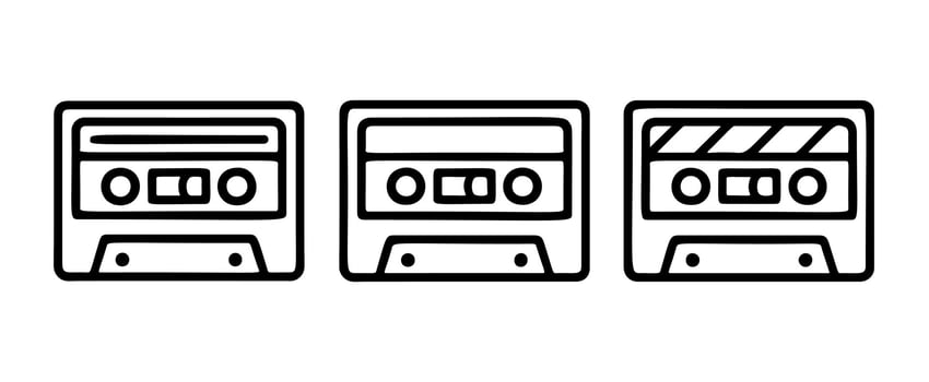 Cassette tape outline icon set, line art, black and white doodle style. Ideal for logo, tattoo, app, coloring book, web design, infographics, banner, poster, and more. illustration vector
