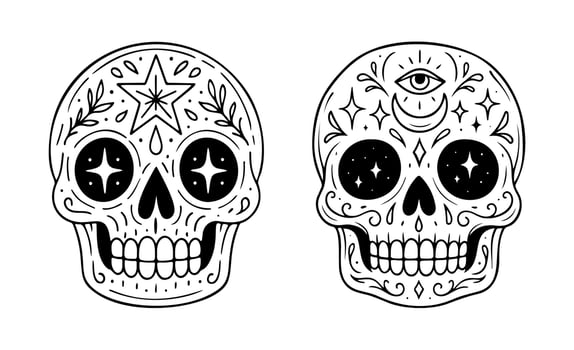Doodle Sugar Skulls outline icons line art, Day of the Dead Skulls black and white doodle style. Ideal for logo, tattoo, app, coloring book, web design, infographics, banner, poster vector