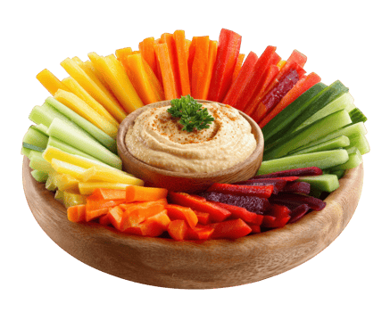 Colorful vegetable sticks with creamy hummus dip in wooden bowl arranged in rainbow pattern healthy snack fresh vibrant appetizing vegetarian party platter png
