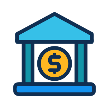Blue bank building with golden dollar coin isolated on a transparent background finance png