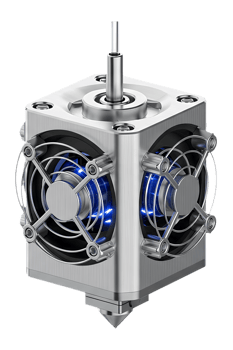 3d printer extruder head hot-end with cooling fans and glowing blue lights isolated on transparent background png