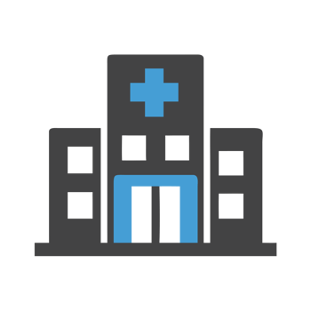 Gray building with blue cross and entrance isolated on a transparent background hospital png