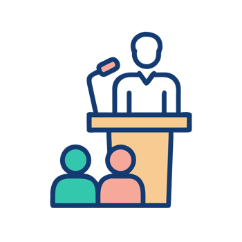 Speaker podium with audience isolated on a transparent background speaking microphone png