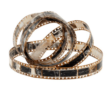 Old film strip vintage movie reel damaged celluloid isolated on white nostalgic retro analog photography object aged png