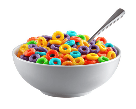 Colorful cereal breakfast bowl spoon rainbow marshmallow sweet crunchy snack morning dairy png