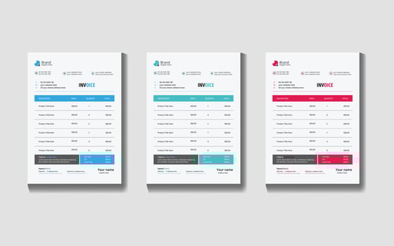 Three professional invoice templates displayed vector