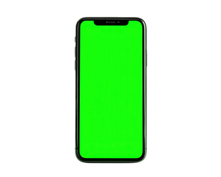 Smartphone with green screen display, isolated on transparent background, modern mobile device, blank screen for mockup, technology concept, vertical orientation, digital communication png