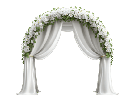 Elegant wedding arch with white drapes and lush floral arrangement, perfect for romantic ceremonies, featuring green leaves and delicate white flowers for festive atmosphere png