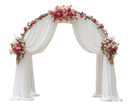 Elegant wedding arch with white drapes, pink and red flowers, romantic floral arrangement, perfect for outdoor ceremony or garden celebration, joyful and festive atmosphere png