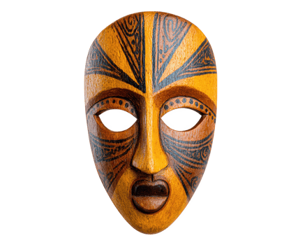 Hand painted wooden mask with intricate tribal patterns, orange and black color, cultural artifact, traditional design, expressive face, isolated on transparency background png