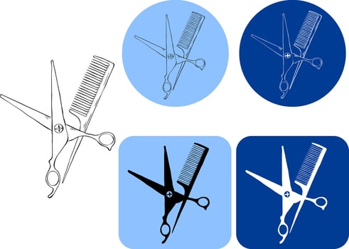 Scissors and hairbrush Salon logotype.. graphic line ink illustration. graphic icon. Sign crossed scissors and hairbrush isolated on white background. Barbershop symbols. vector