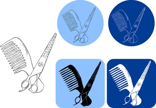 Scissors and hairbrush Salon logotype. graphic line ink illustration. Sign crossed scissors and hairbrush Barbershop symbols. Design for package, cosmetic, textile, cards. vector