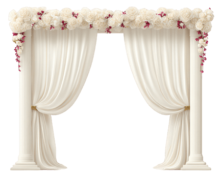 White wedding arch with elegant drapes and floral arrangement, romantic atmosphere, classic columns, celebration, decorative flowers, festive event, luxury style png