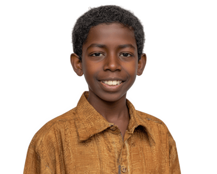 Smiling African teen boy portrait wearing brown shirt, isolated on transparency background, cheerful expression, curly hair, casual clothing, confident and friendly appearance png