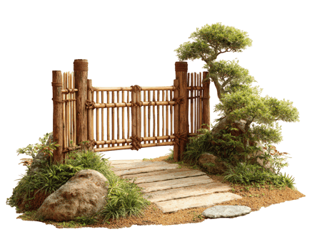Bamboo gate with zen garden design wooden path bonsai tree lush green plants tranquil atmosphere natural stone Japanese style peaceful outdoor landscaping png