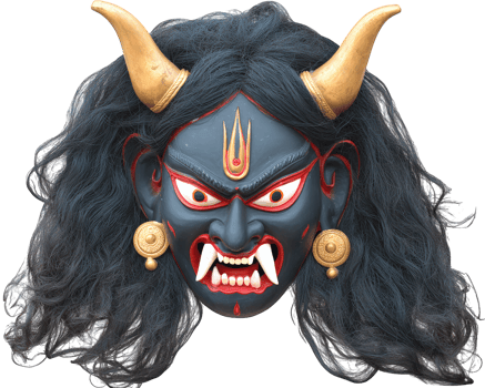 Indian festival mask goddess Kali photo object traditional cultural blue face gold horn fierce expression decorative isolated high fidelity png