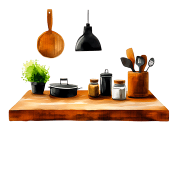 Cozy Kitchen Counter with Fresh Herbs, Cooking Tools, and Glass Canisters for Home Cooking png