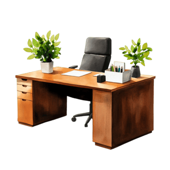 Elegant Modern Office Desk with Green Plants, Stationery, and Comfortable Chair Design png