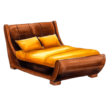 Stylish Modern Wooden Bed with Yellow Cushions for Contemporary Bedroom Design png