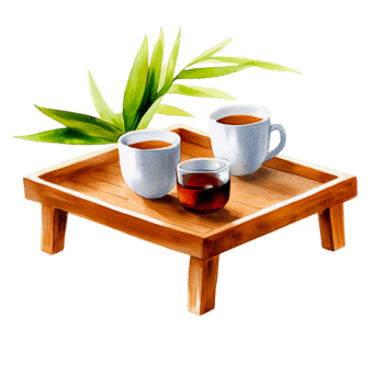 Two Coffee Cups on Wooden Tray with Green Leaves for Relaxing Coffee Moments png