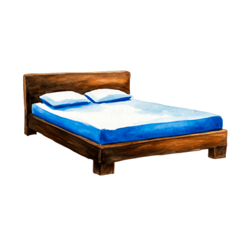 Cozy Wooden Bed with Blue Mattress and Soft Pillows in a Minimalist Design Style png