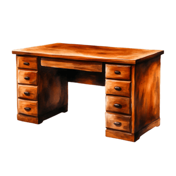 Classic Wooden Desk with Multiple Drawers in a Vintage Style for Home Office or Study Area png