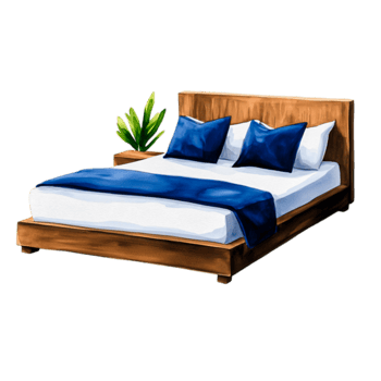 Modern Wooden Bed with Blue Pillows and Green Plant for Cozy Bedroom Decor png