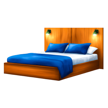 Cozy Wooden Bed with Blue Bedding and Modern Wall Lamps for a Relaxing Bedroom Atmosphere png