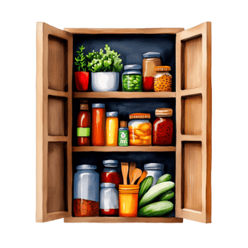 Colorful Wooden Pantry with Jars and Fresh Vegetables in Bright Art Style png