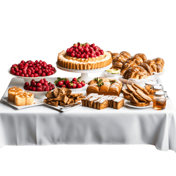 Elegant Dessert Buffet Display with Variety of Cakes, Breads, Pastries, and Fresh Fruits png