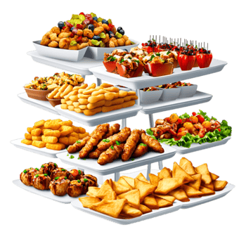 Exquisite Display of Varied Finger Foods on Elegant White Platters for Festive Occasions png
