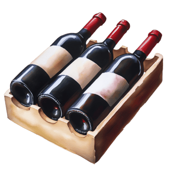 Three Bottle Wine Rack with Red Corks in Wooden Box Displaying Blank Labels png