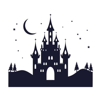 Dark silhouette of a fantasy castle under a crescent moon and starry night sky vector