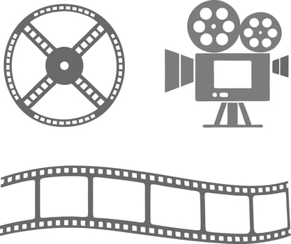 Vintage film reel, movie camera, and film strip isolated on white background vector