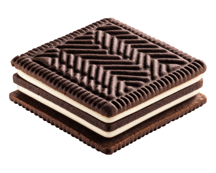Chocolate square biscuit with visible cream layers, isolated on transparency background, showing detailed texture and appetizing appearance, perfect for snack or dessert concepts png