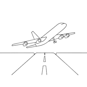 Airplane ascending from an airport runway, line art vector