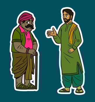 Two animated characters discussing in traditional attire vector