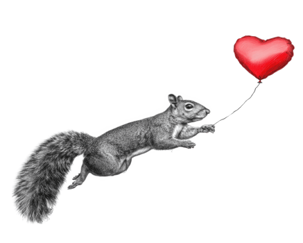 Squirrel animal heart balloon flying cute illustration isolated transparency background playful joyful fantasy whisker tail rodent mammal red love creative concept drawing sketch fun happiness png