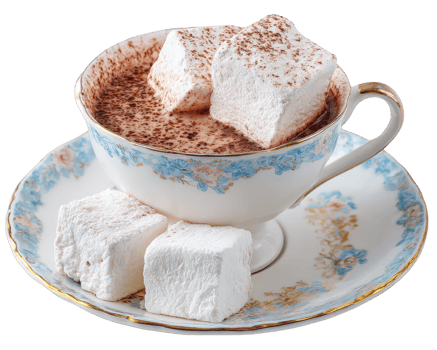Hot chocolate marshmallow vintage cup floral saucer creamy drink sweet treat cozy dessert isolated delicious png